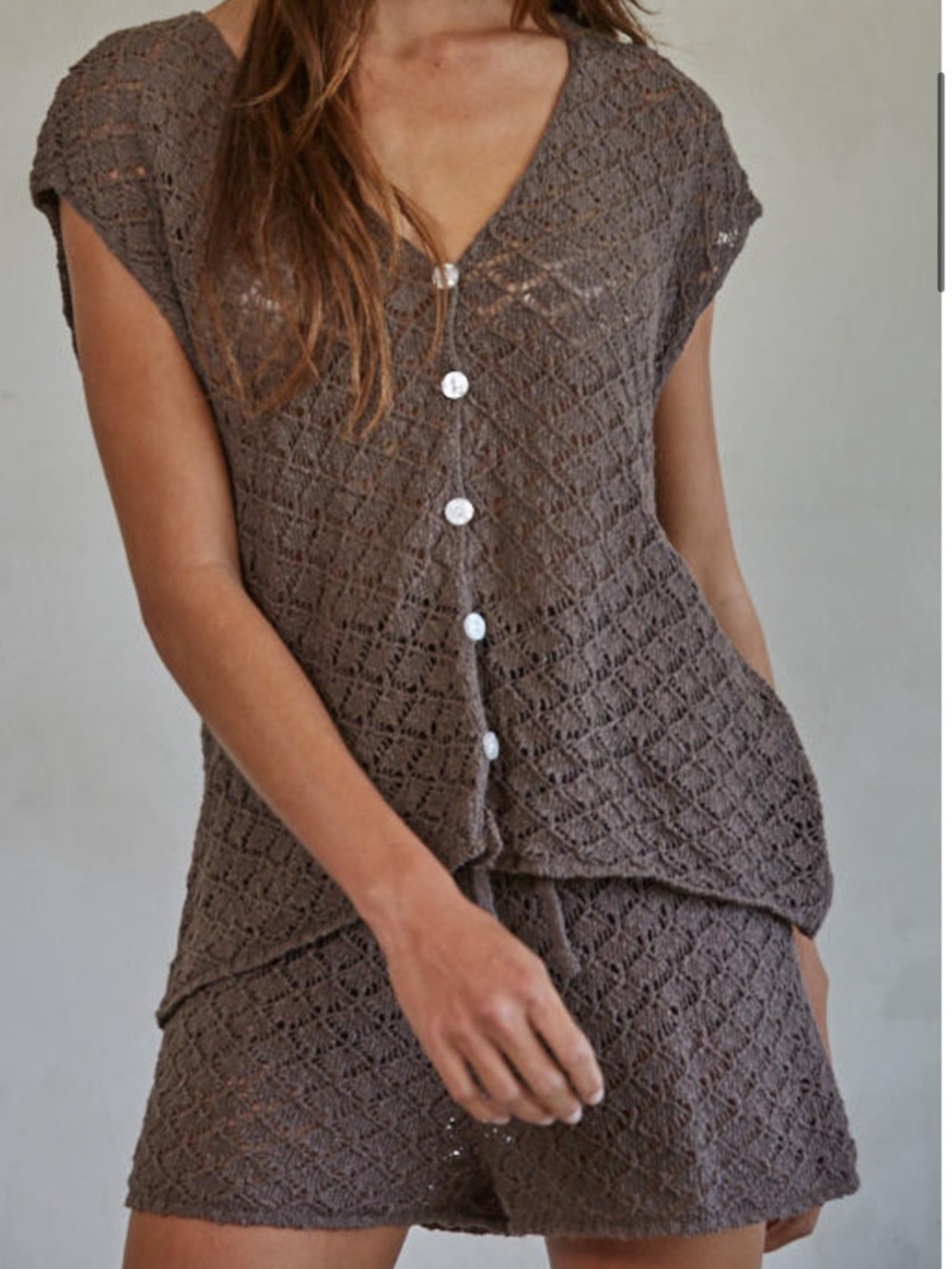 By Together Brown Crochet Button-Front Knit Top NWT